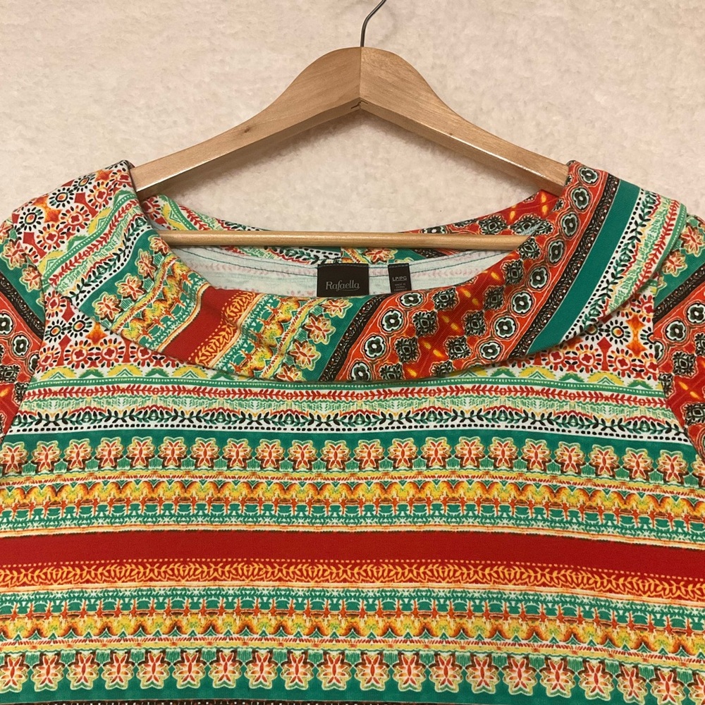 RAFAELLA sz Large Petite Top Round Collar Short Sleeves Stripes Yellow Green - Picture 4 of 6